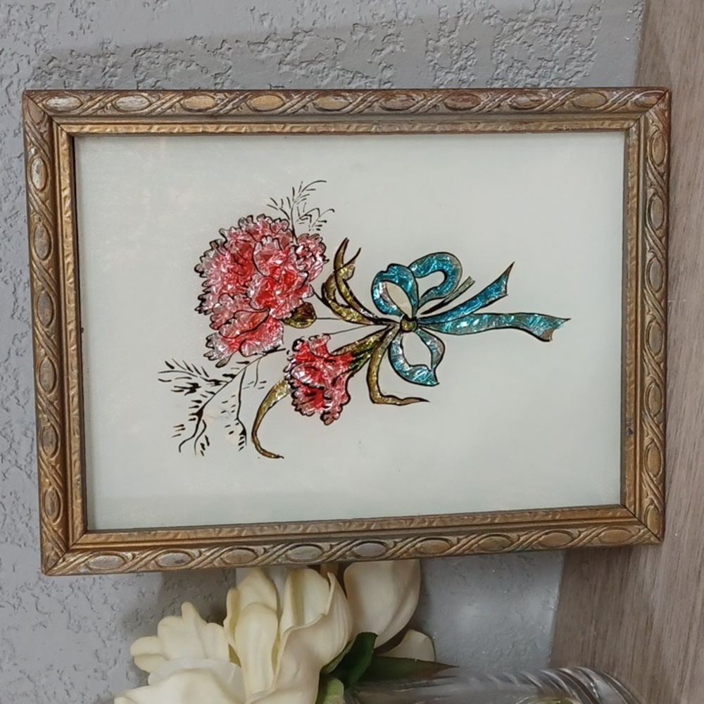 Vintage Floral Tinsel Art Wood Frame  Vintage Wood Frame Floral Art Wall Decor